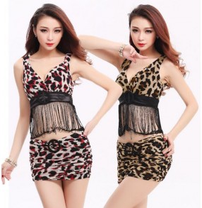 Red brown leopard sexy fringes strap women's ladies female fashion club wear jazz dance stage performance outfits costumes